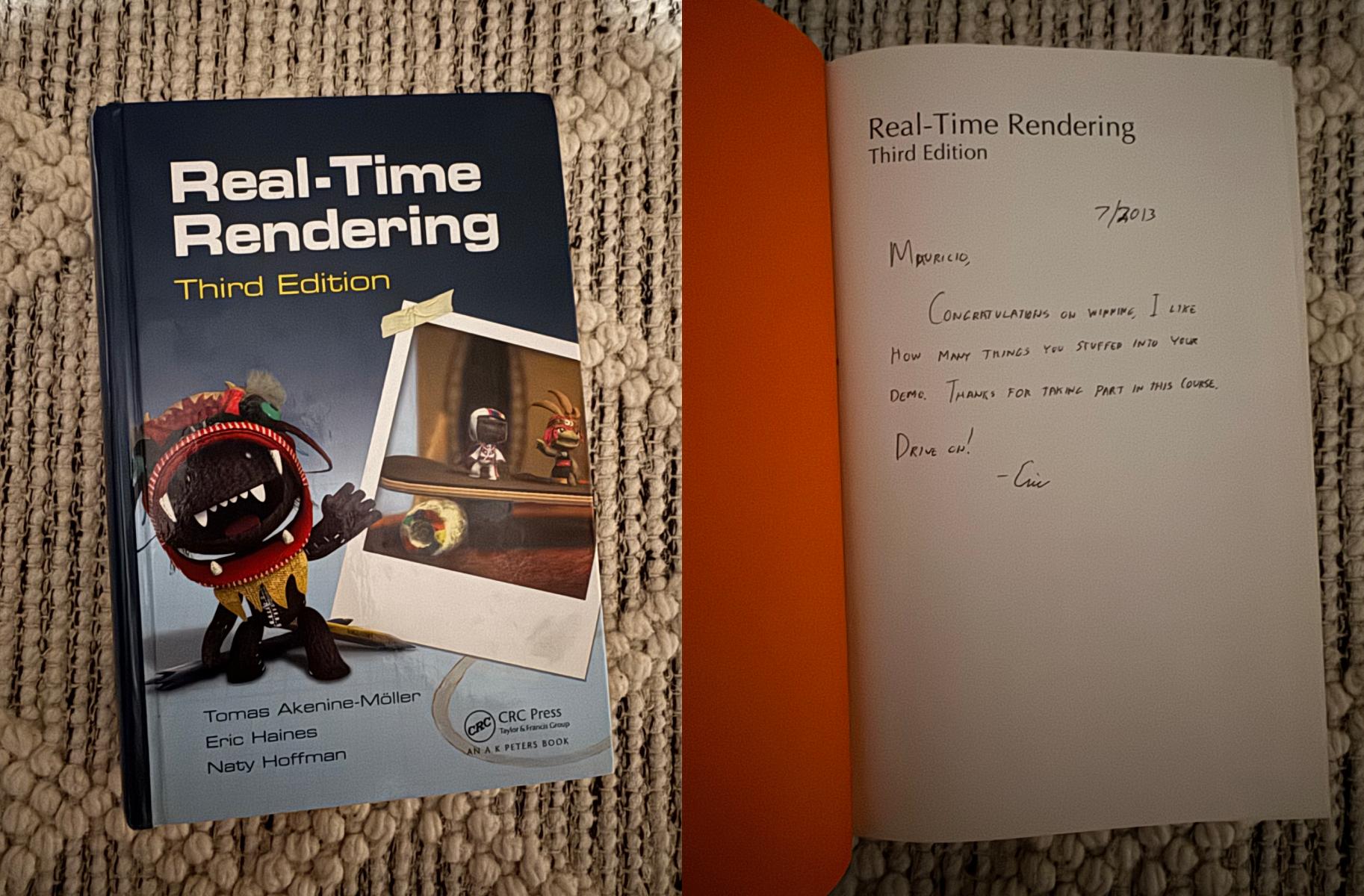 A signed Eric Haines computer graphics book, received as the contest prize.
