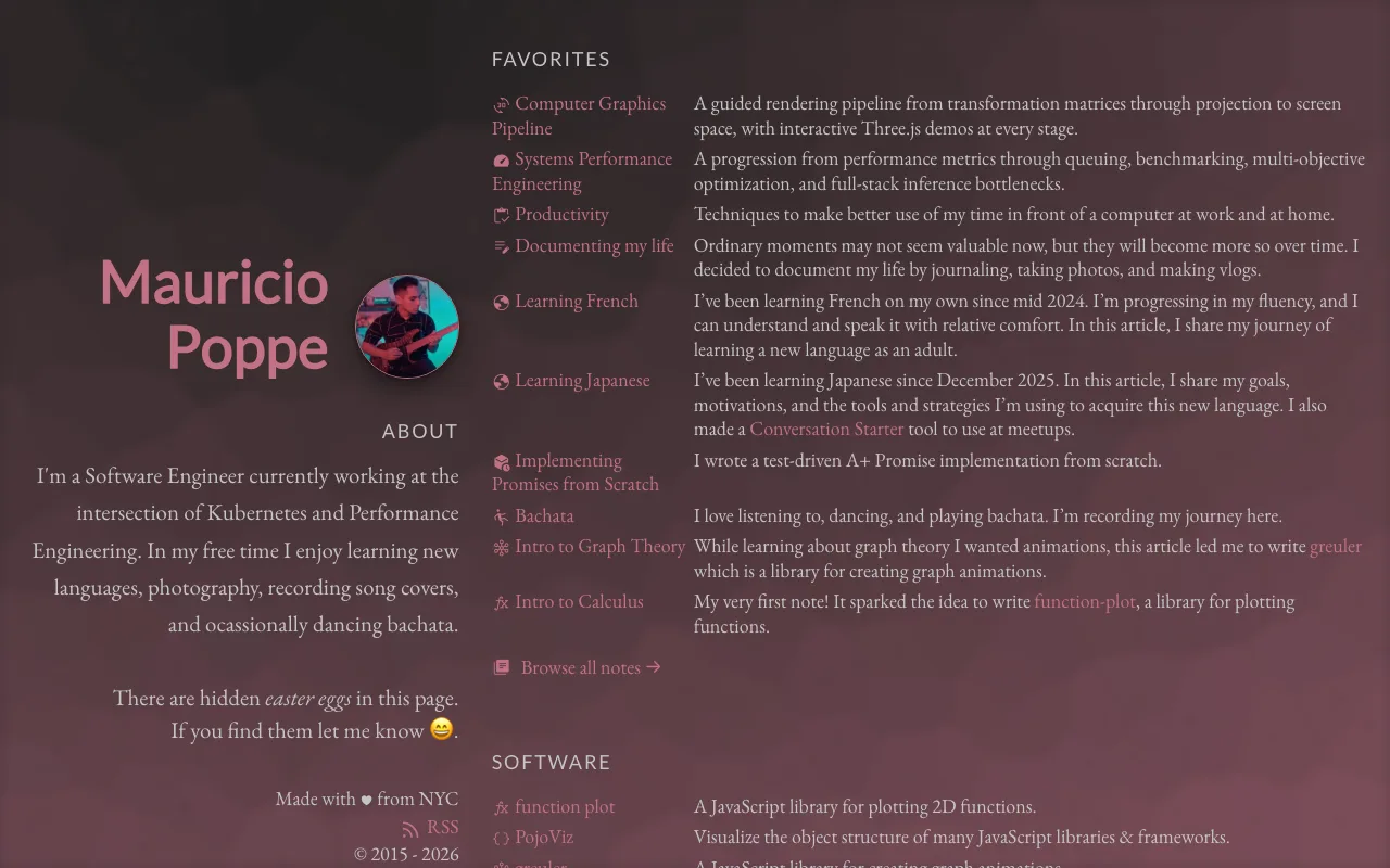 Mauricio Poppe blog homepage showing notes and interactive projects.