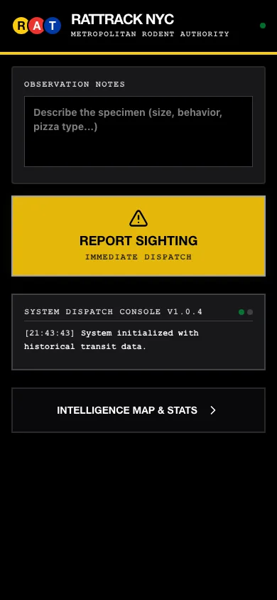 RatTrack NYC shown in a mobile browser viewport.