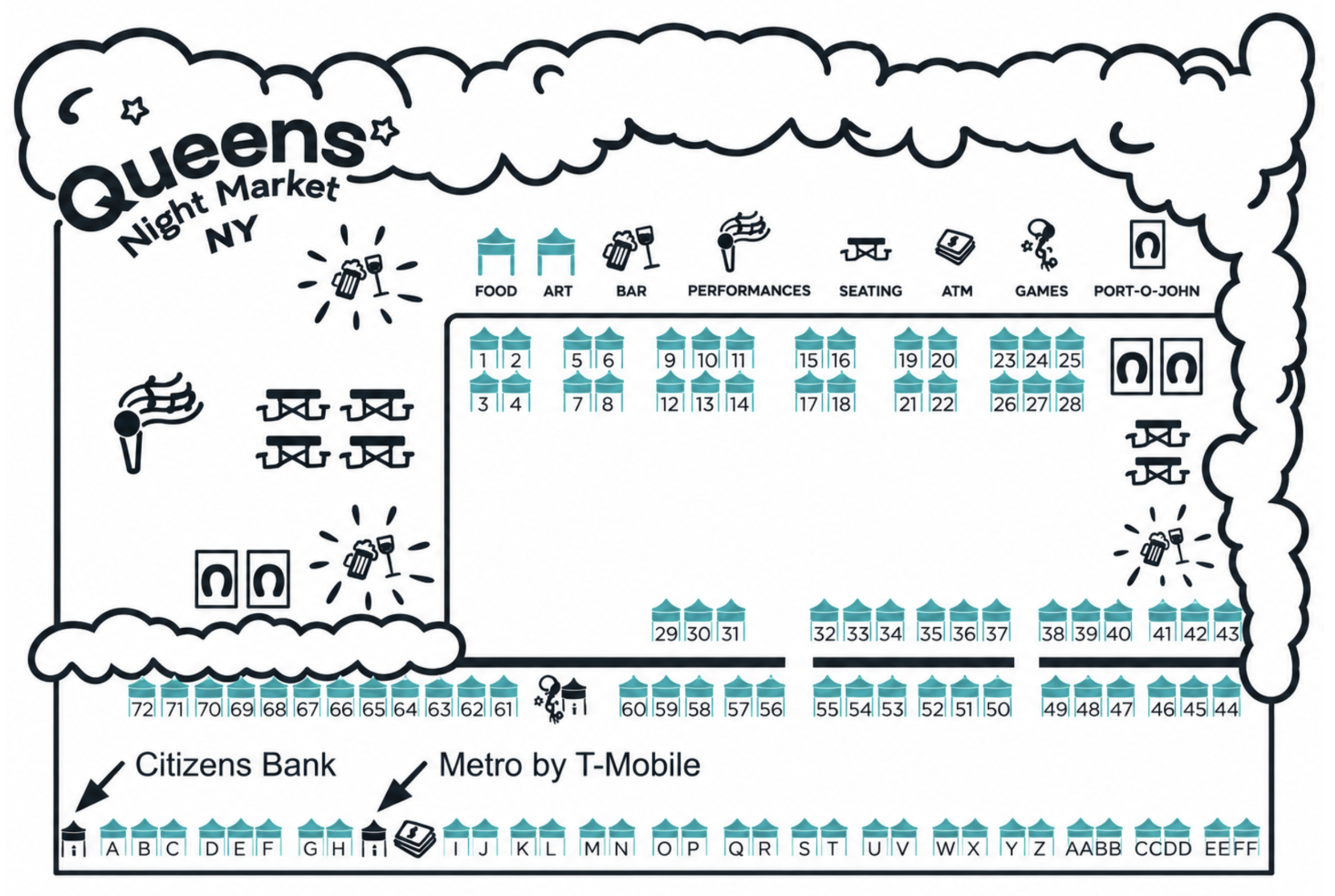 Simplified Queens Night Market map with numbered food stalls